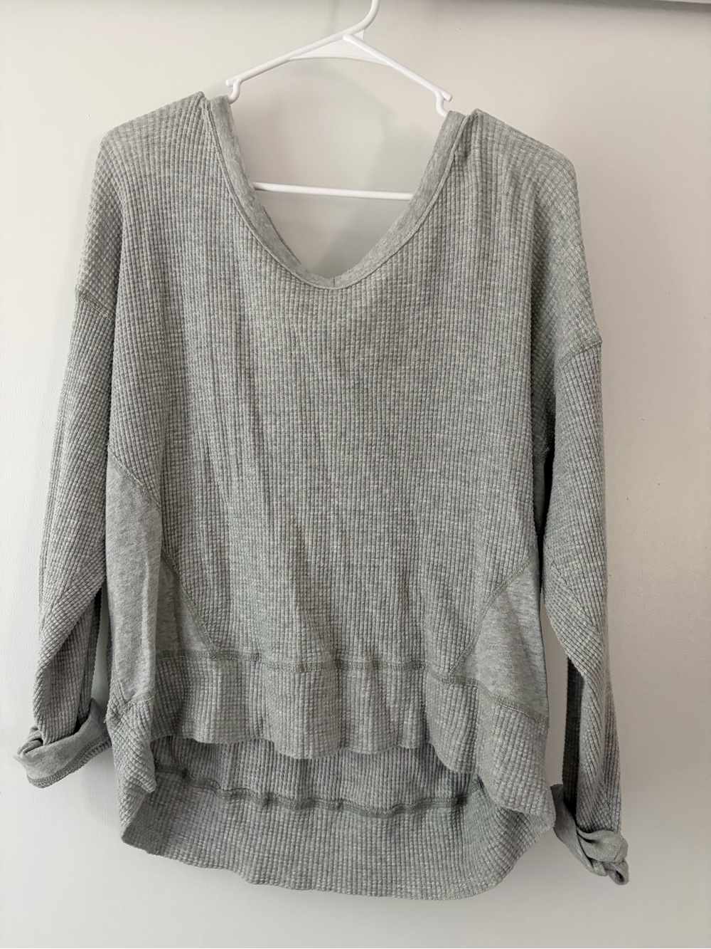 aerie Offline Waffle V-Neck Pullover - Heather Gray